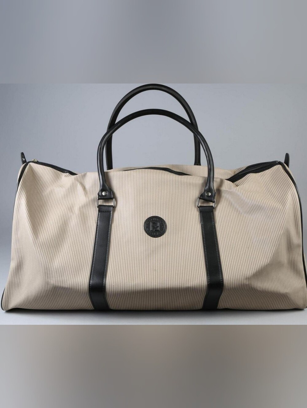 Fendi Uomo Parfums VTG AUTH 1925 Logo, Tan Canvas, Brown Leather Trim Duffel Bag